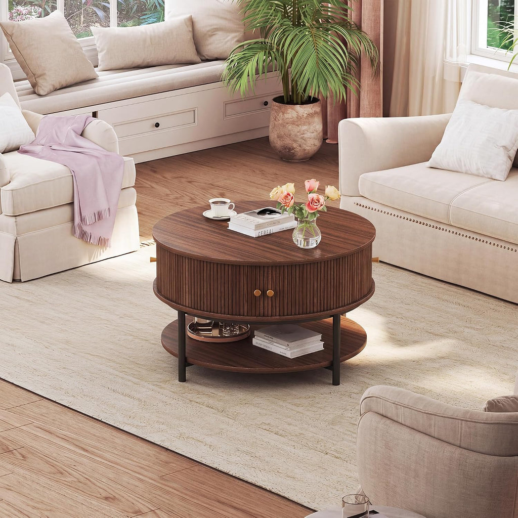 HUAHUU 23.6" Round Coffee Table, 3-Tier Center Table with Storage, Walnut
