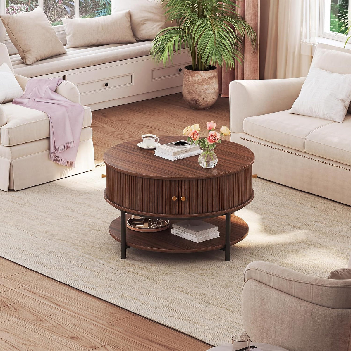 HUAHUU 23.6" Round Coffee Table, 3-Tier Center Table with Storage, Walnut