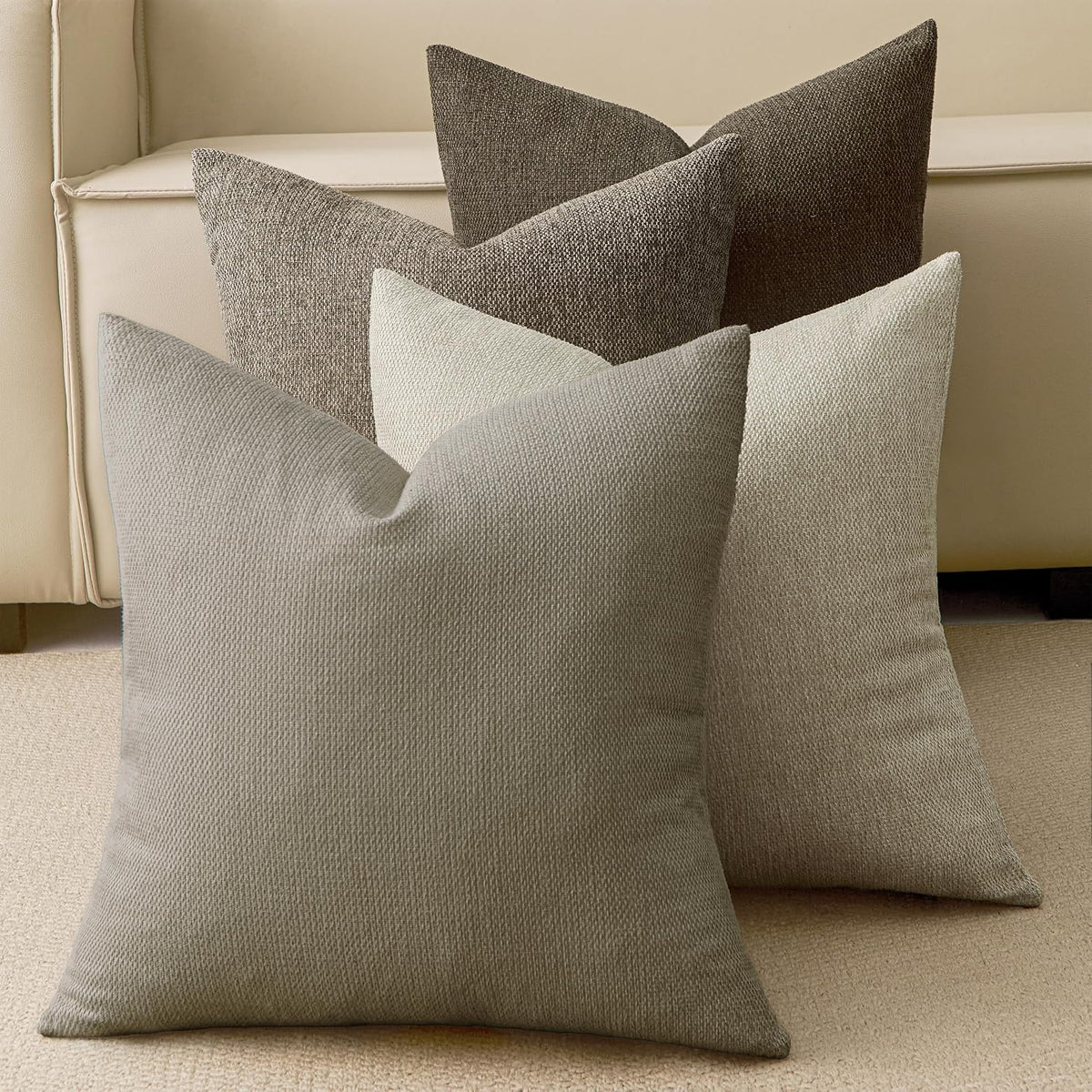 Natural Linen Look Throw Pillow Covers 18x18 Inch Set of 4, Textured Woven Decorative Pillow Covers, Neutral Square Cushion Covers for Couch Sofa Living Room Bedroom, Walnut Beige Mix