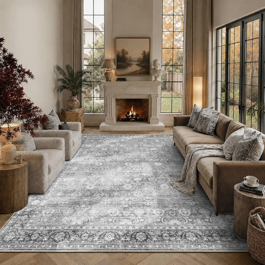 JOOJA 8x10 Grey Vintage Soft Low Pile Non Slip Boho Washable Area Rug