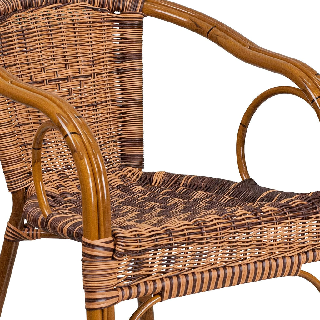 EMMA + OLIVER Brown Rattan Patio Chair with Dark Red Bamboo