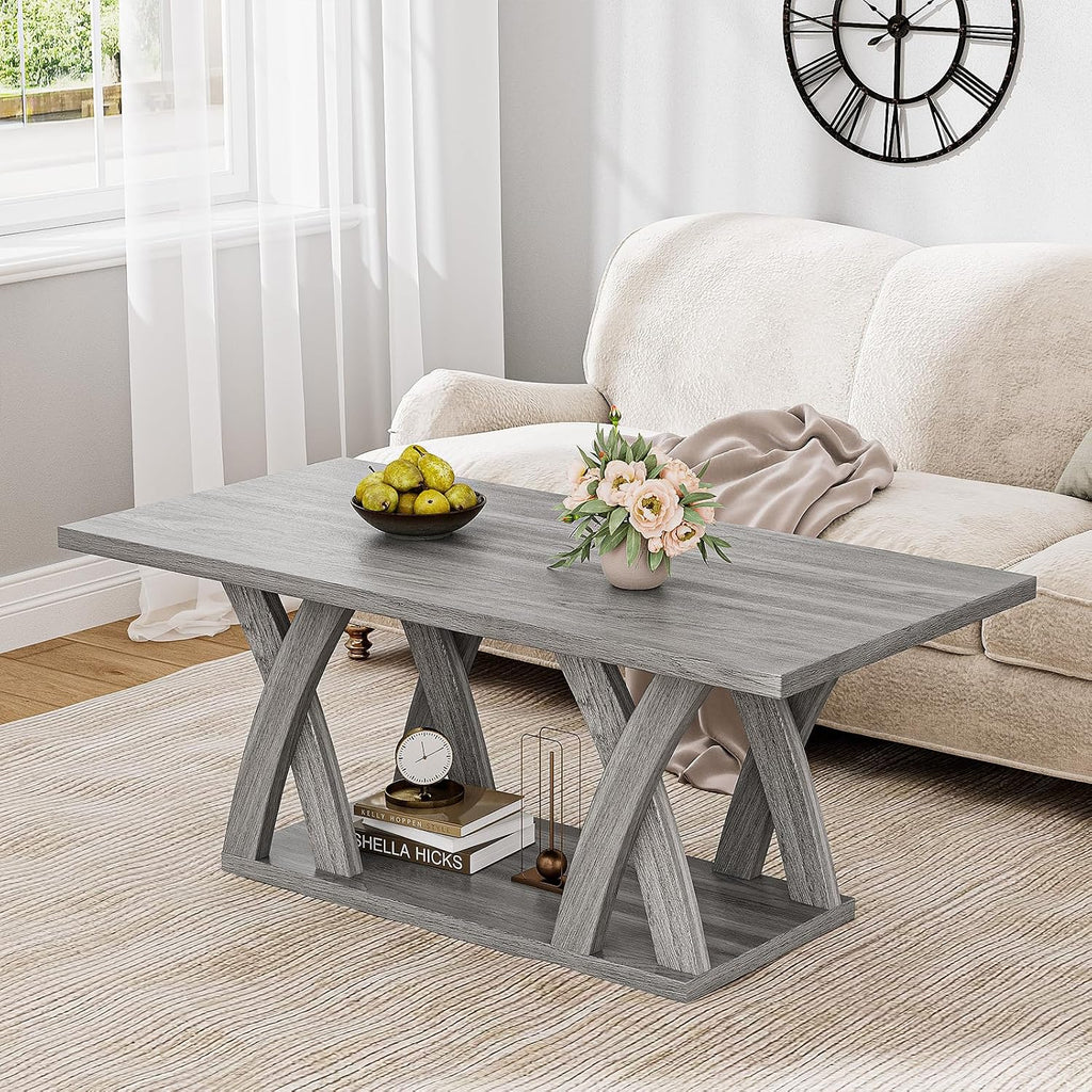 47" Farmhouse Coffee Table with Storage Shelf, Grey
