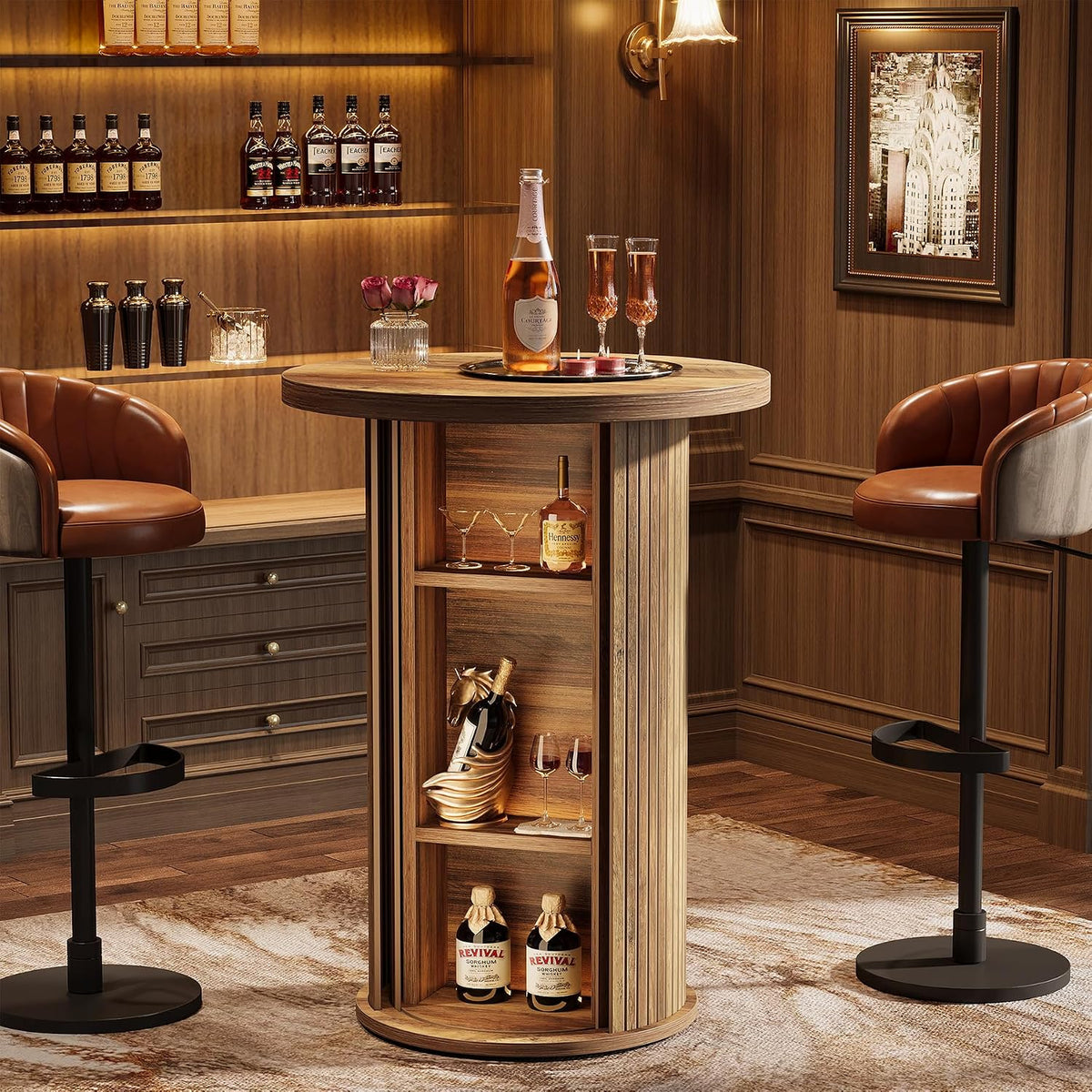 Tribesigns Round Bar Table, 35.4" Rustic Cocktail Table with 3-Tier Hidden Storage Shelves, High Top Bistro Pub Table with Slide Door for Small Spaces, Kitchen, Parties (1, Brown)