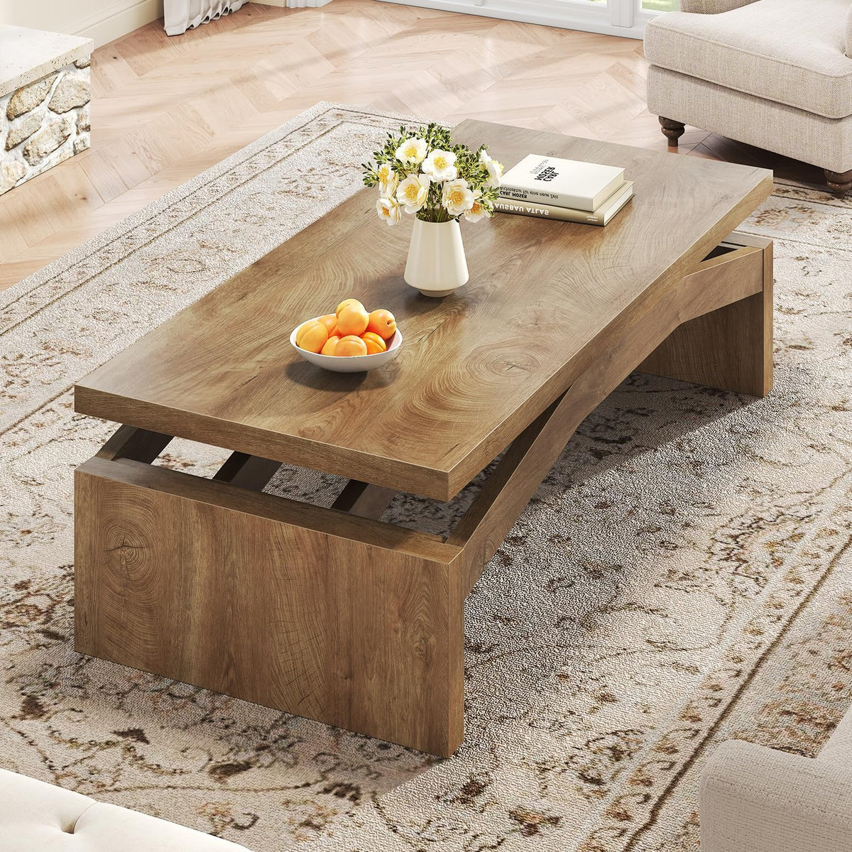 LVB 47 Inch Modern Wood Coffee Table for Living Room, Annual Ring Wood