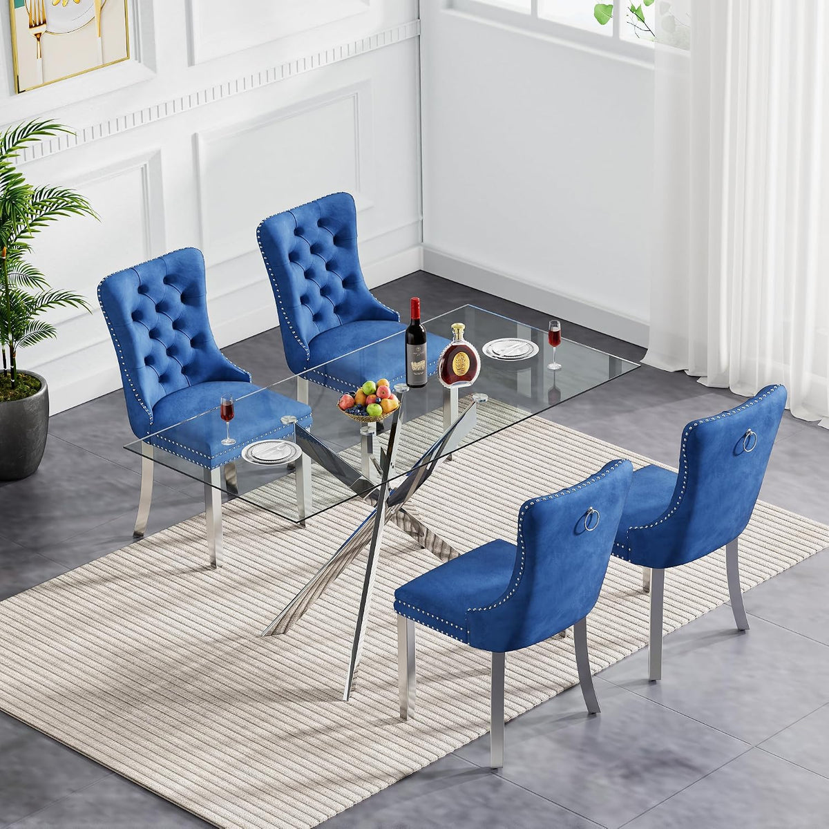 5 Piece Glass Dining Table Set Modern Glass Dining Table Set for 4, 51" Rectangular Kitchen Table and 4 Velvet Upholstered Chairs for Kitchen Dining Room, Silver Table & Blue Chair