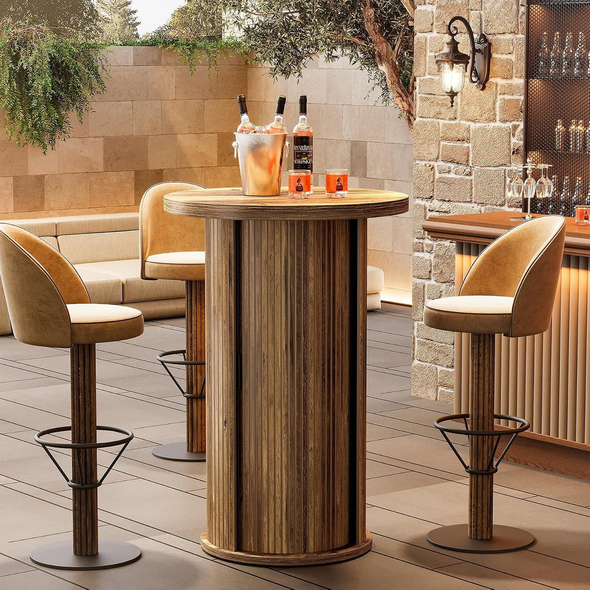 Tribesigns Round Bar Table, 35.4" Rustic Cocktail Table with 3-Tier Hidden Storage Shelves, High Top Bistro Pub Table with Slide Door for Small Spaces, Kitchen, Parties (1, Brown)
