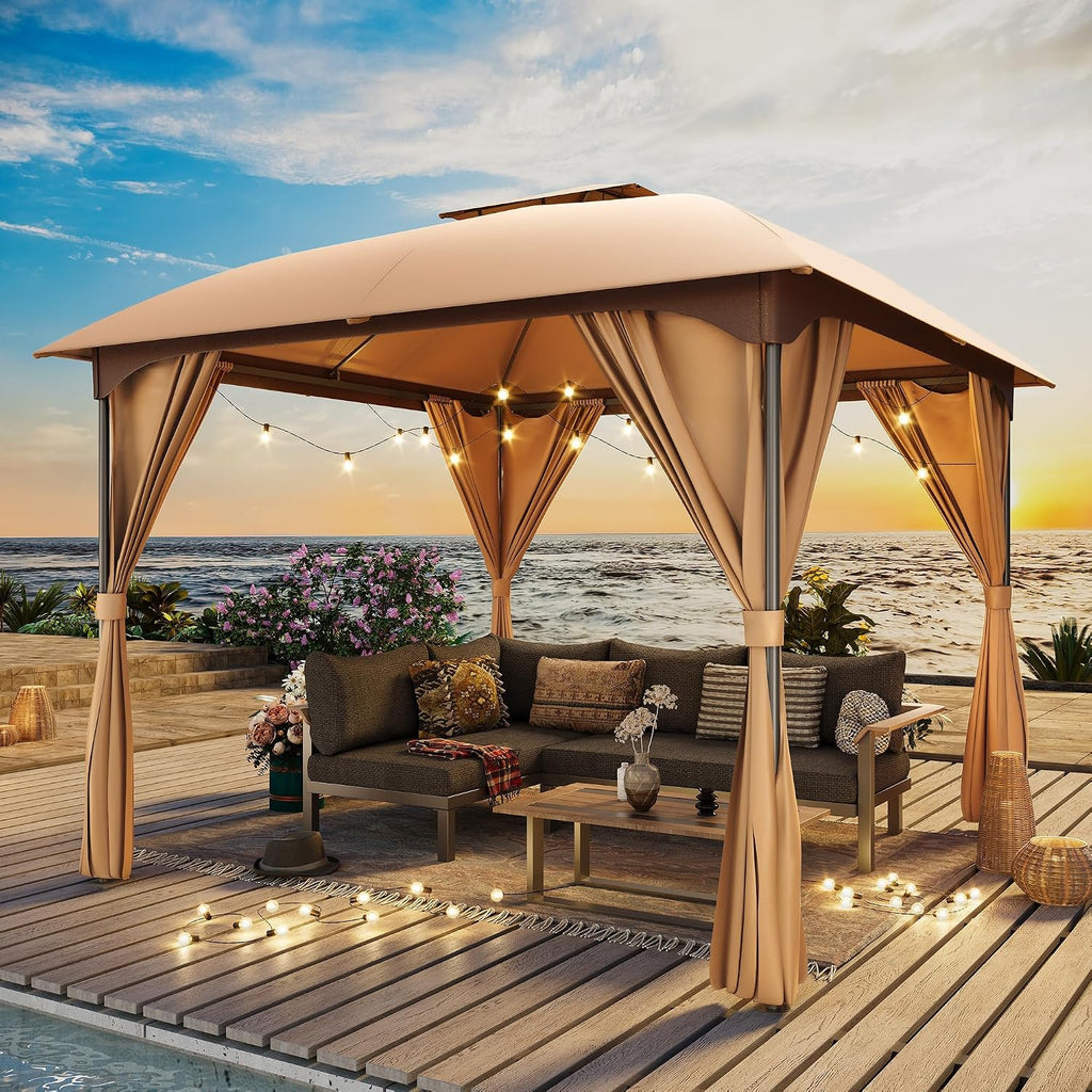 LAUSAINT HOME 10'x10' Patio Arc Gazebo, Outdoor Canopy Tent with Curved Roof Design, Double Tier Top, Privacy Curtains & Wind-Resistant Ropes, Backyard Garden Lawn, Khaki