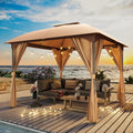 LAUSAINT HOME 10'x10' Patio Arc Gazebo, Outdoor Canopy Tent with Curved Roof Design, Double Tier Top, Privacy Curtains & Wind-Resistant Ropes, Backyard Garden Lawn, Khaki