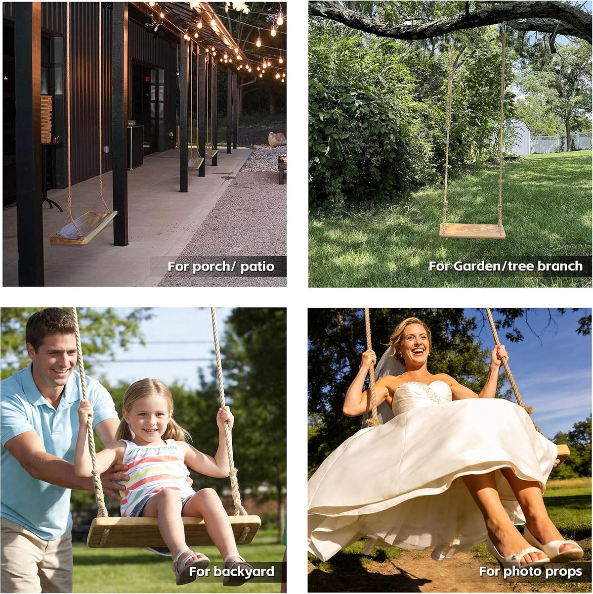 Hanging Wooden Tree Swing with Adjustable Hemp Rope & Extendor Tree Straps