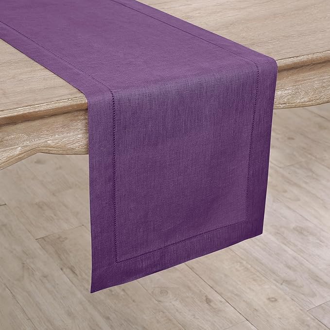 Solino Home Linen Table Runner 120 Inches Long - Classic Hemstitch 100% Pure Linen Purple Dining Table Runner 14 x 120 Inch for Fall, Autumn, Halloween, Thanksgiving, Holiday