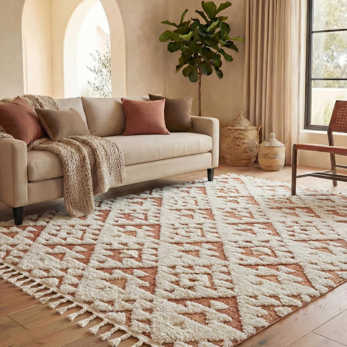 SAFAVIEH Moroccan Tassel Shag Collection Area Rug - 5'3" x 7'6", Ivory & Brick Rust, Non-Shedding & Easy to Clean, Plush High-Low Texture, Ideal for Living Room, Bedroom, Dining Space (MTS688P)