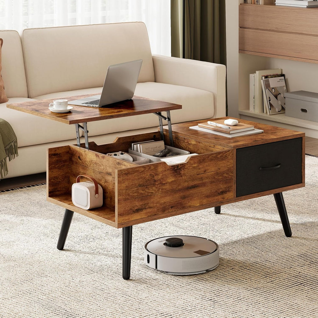 Yaheetech Coffee Table with Storage,39.5'' Lift Top Coffee Table,Hidden Storage Compartment,Foldable Drawer,Lift Tabletop Dining Center Table for Home Living Room Office,Rustic Brown