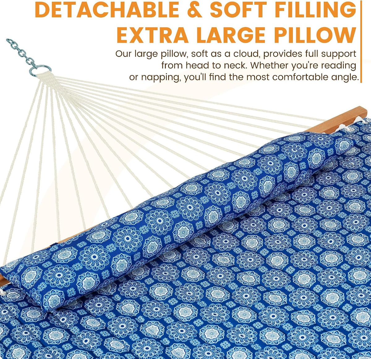 Lazy Daze 12FT Double Quilted Hammock for Outside with Pillow, Blue Floral