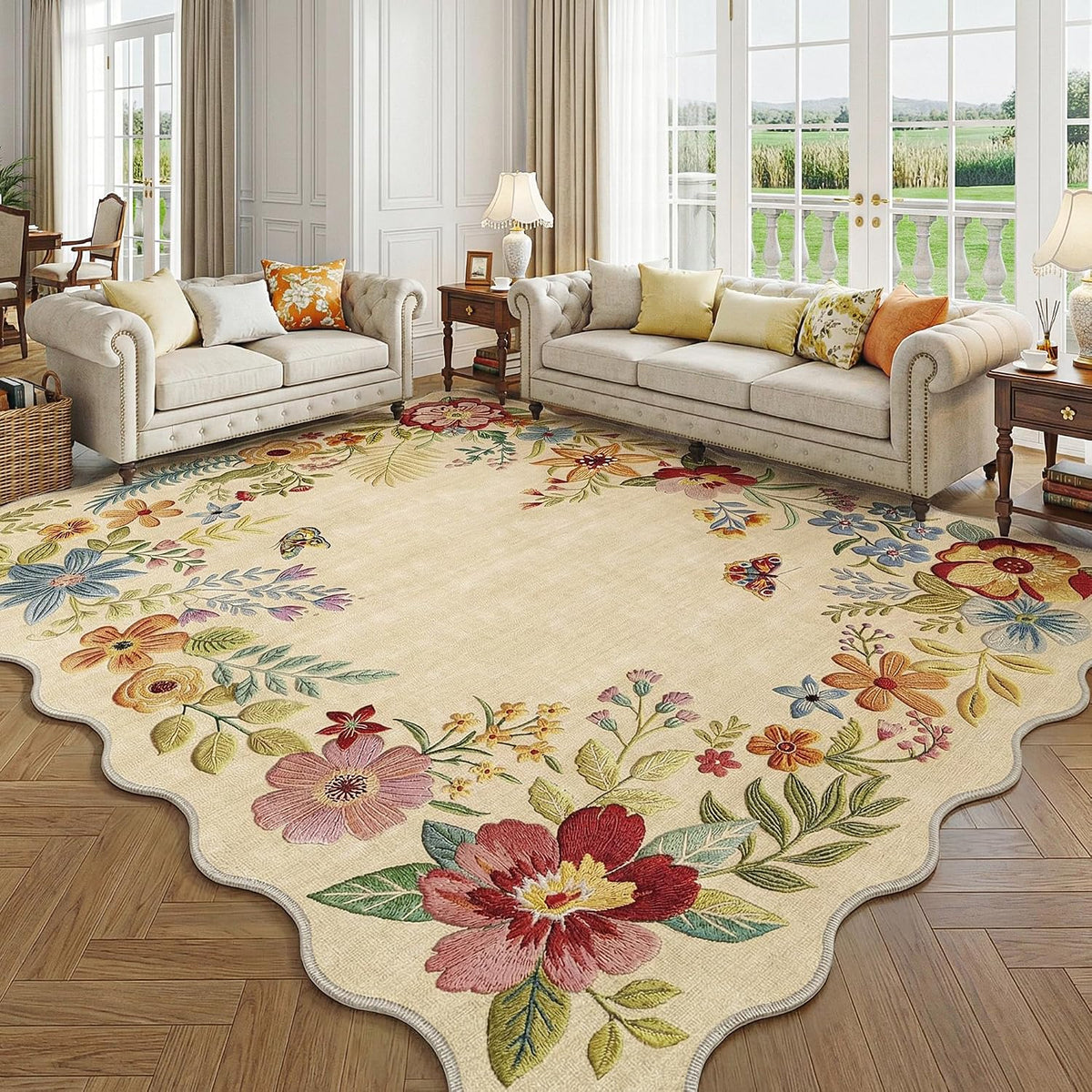 FMFUNCTEX 8x10 Washable Beige Floral Scalloped Area Rug for Living Room