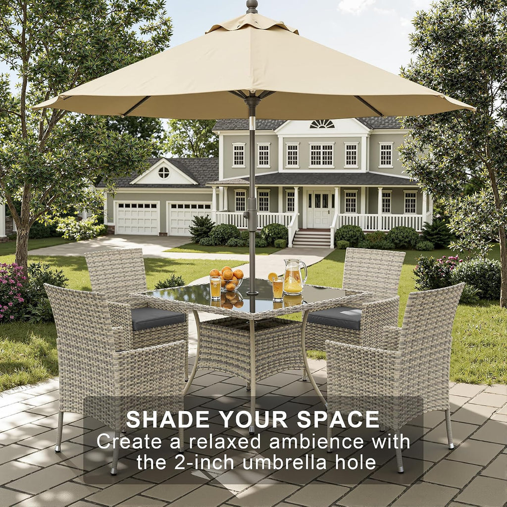 5 Piece Outdoor Patio Dining Set with Glass Table and Wicker Chairs