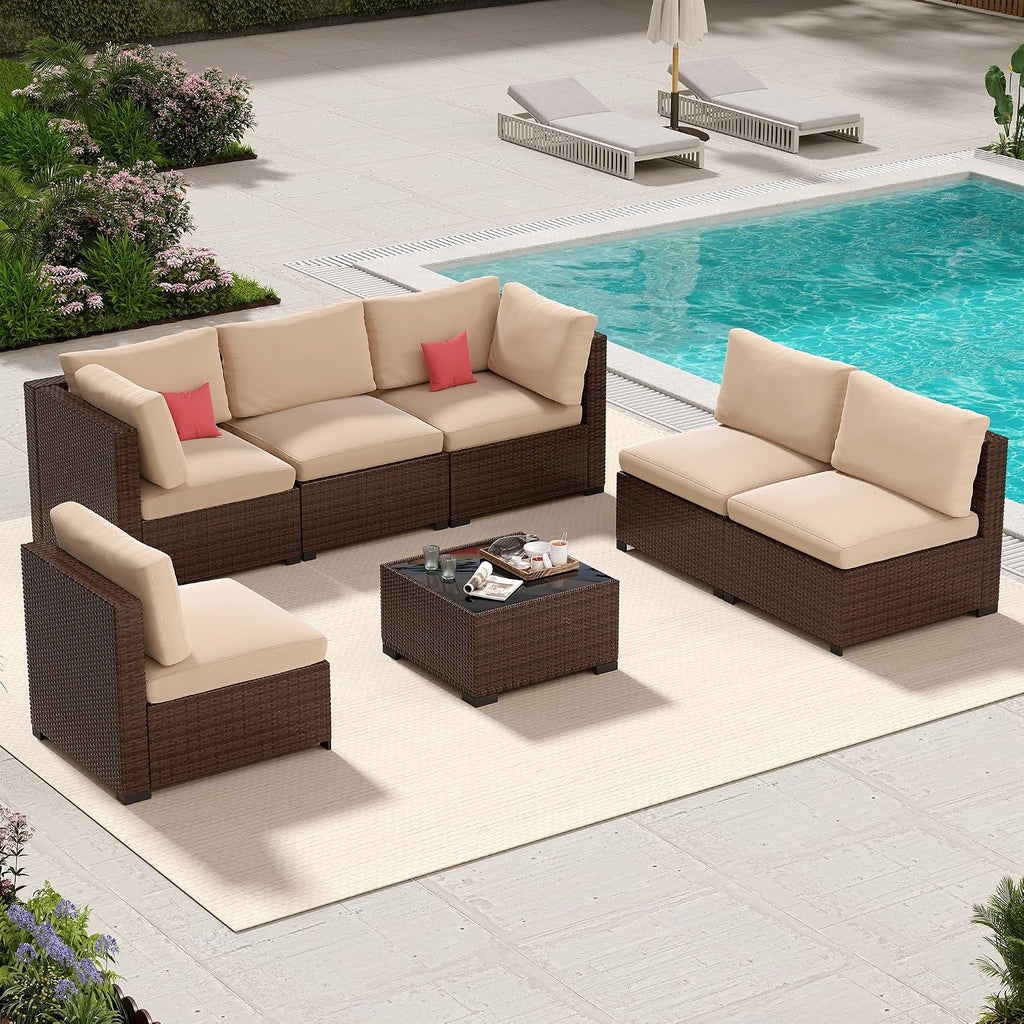 LHBcraft 7 Piece Outside Sectional Furniture Set, All Weather Wicker Patio Sofa, Outdoor Sectional Balcony Furniture with Beige Cushion & Glass Coffee Table