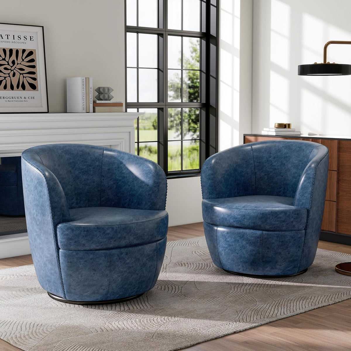 Oversized Swivel Barrel Chair, Comfy Reading Armchair, Navy Blue, Set of 2