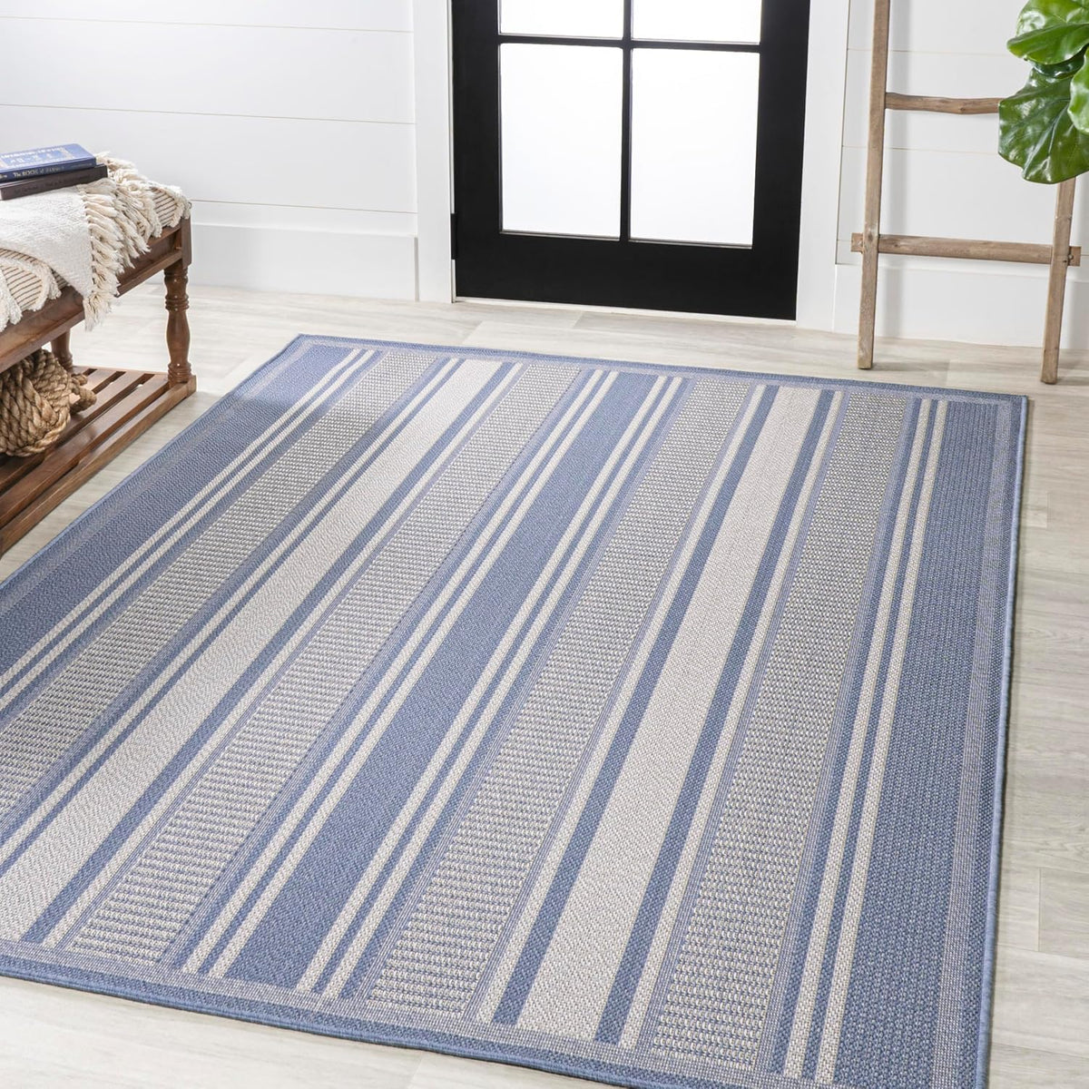 JONATHAN Y Double Stripe Indoor Outdoor Area Rug 3X5 Blue/Light Gray, Haynes Modern for Backyard, Patio, Porch, Easy-Cleaning, High Traffic, Pet-Friendly, Non-Shedding (SMB202E-3)