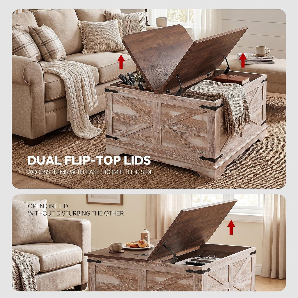 senlin Farmhouse Coffee Table, Heavy-Duty Coffee Table with Storage, Square Wood Center Table Set for Living Room with Pull Up Large Hidden Storage Compartment,Rustic Brown