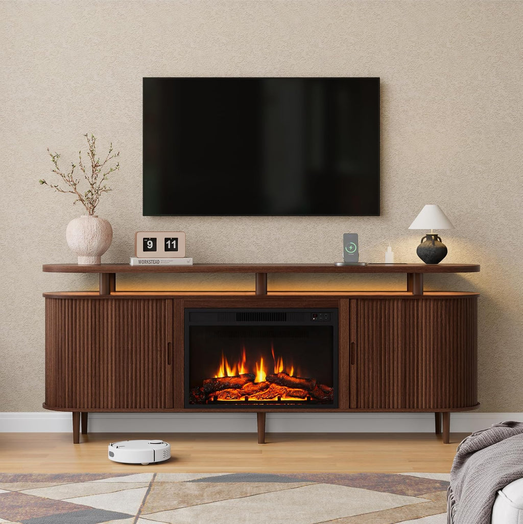 DHH 70" Fluted Fireplace TV Stand for TVs Up to 80",Mid Century Modern Entertainment Center with 23" Fireplace and LED,TV Console with Adjustable Shelves and Sliding Door,for Living Room(Walnut)