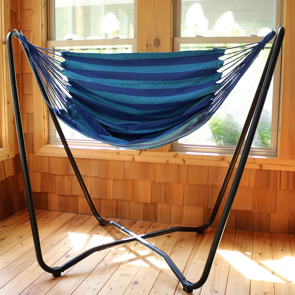Sunnydaze Hanging Hammock Chair with Stand, Beach Oasis