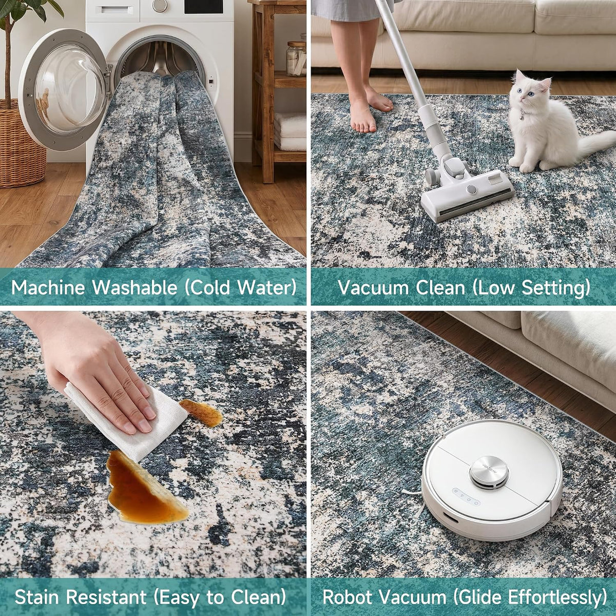 Area Rug 12x15 Living Room: Washable Low Pile Stain Resistant Indoor Carpet