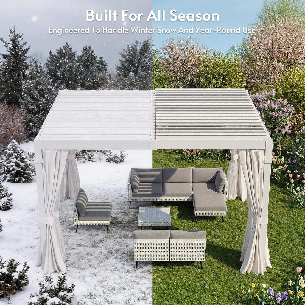 10x12FT Aluminum Outdoor Louvered Pergola with Screens & Netting