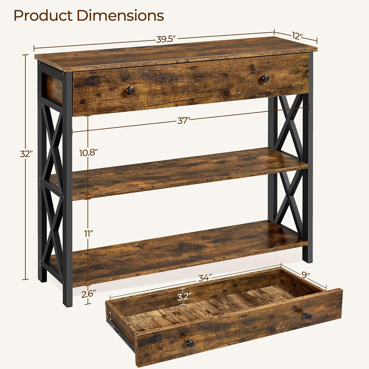 Yaheetech Console Table with Drawer, Rustic Entry Table with 3 Tier Storage