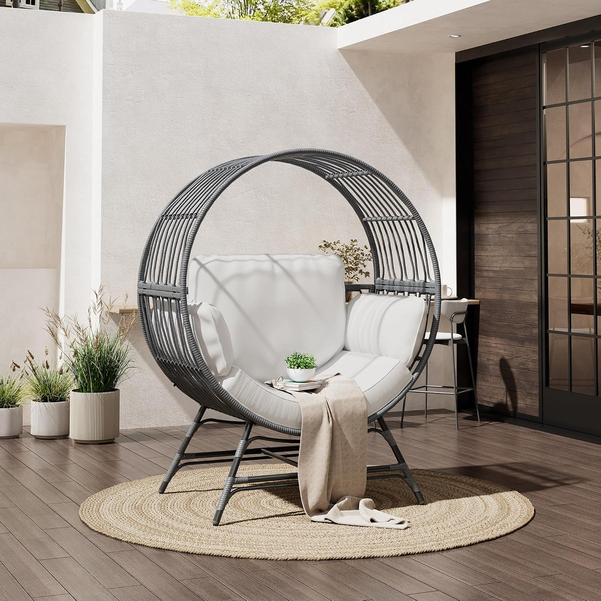 Bifanuo Oversized Egg Chair Indoor/Outdoor Rattan Hanging Basket Chair with Thickened Cushion Supports 350LBS – Wicker Patio Lounge Chair for Balcony Porch Living Room Backyard (Grey)