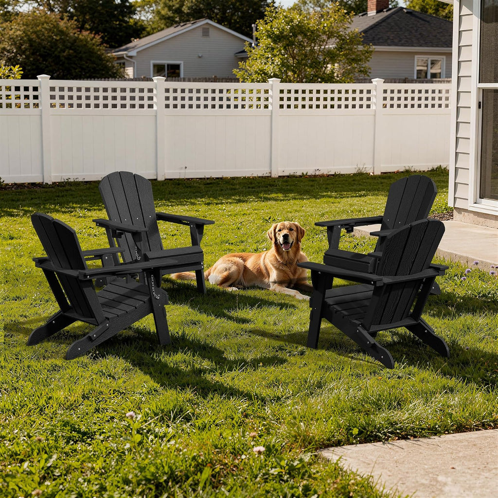 AreShark HDPE Folding Adirondack Chair with Cup Holder, Black