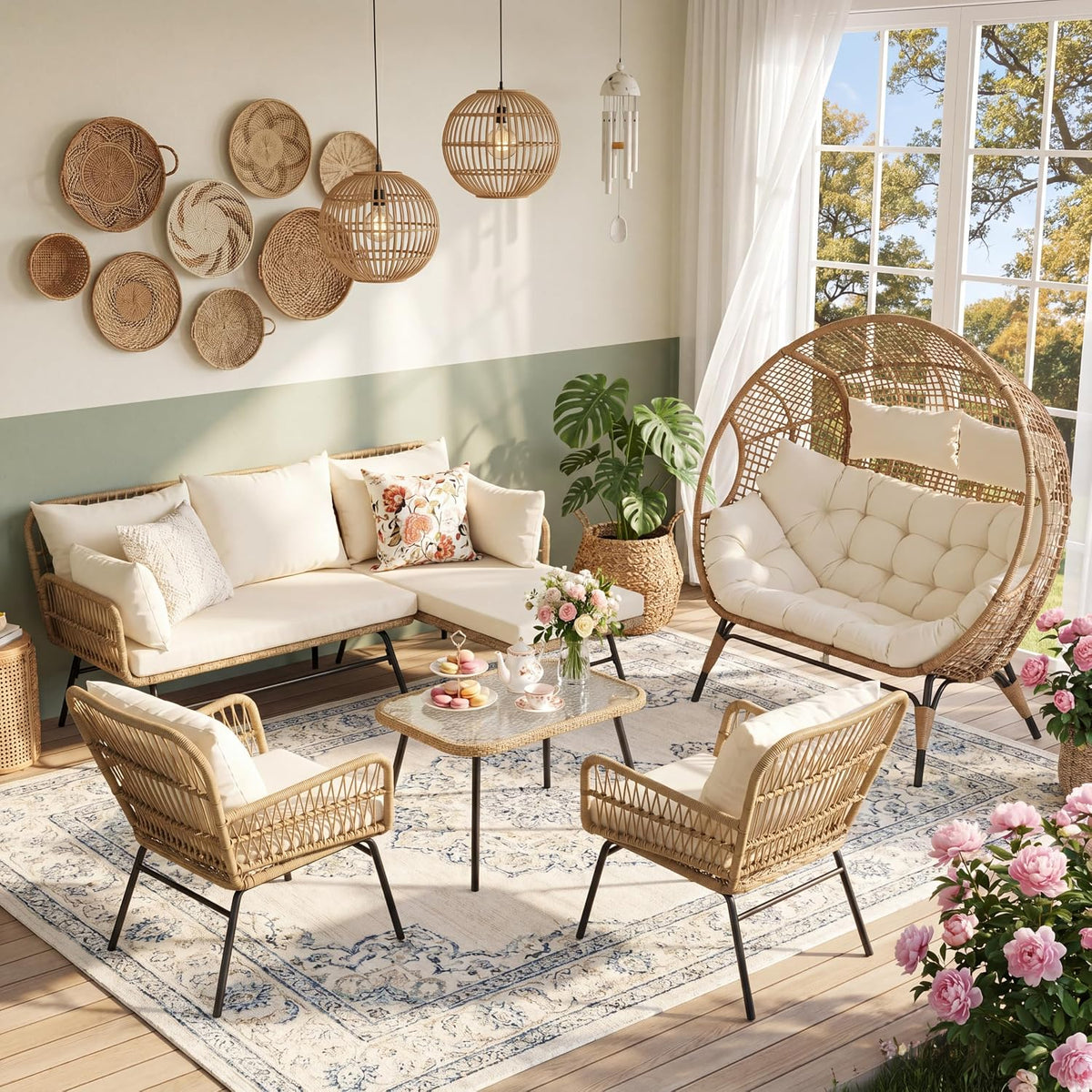 NICESOUL 6 Piece Boho Patio Furniture Set, 500lbs Heavy Duty Wicker Outdoor Sectional with Double Egg Chair, Cozy L-Shape Couch Sofa Seating w/Glass Coffee Table, Beige