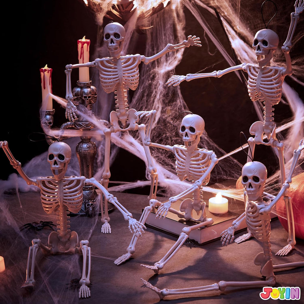 JOYIN 5 PCS Posable Halloween Skeleton Decor 16 Inches, Full Body Posable Joints Hanging Skeletons for Halloween Decorations, Graveyard Props, Haunted House Accessories, Spooky Scene Party Favors