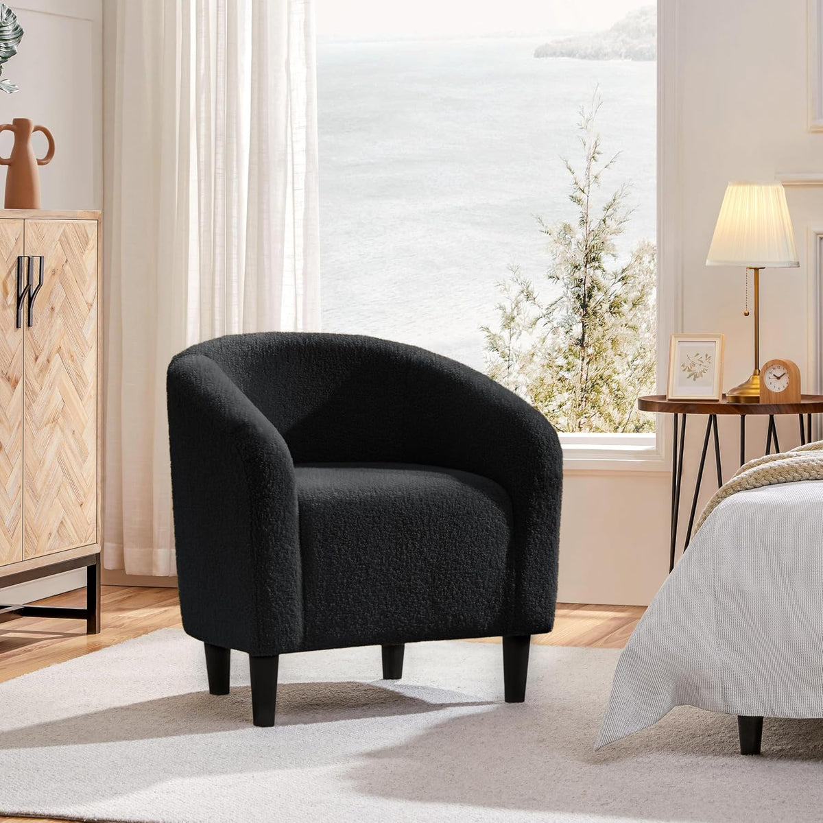 Yaheetech Small 25.5in Wide Sherpa Barrel Accent Chair for Bedroom, Black