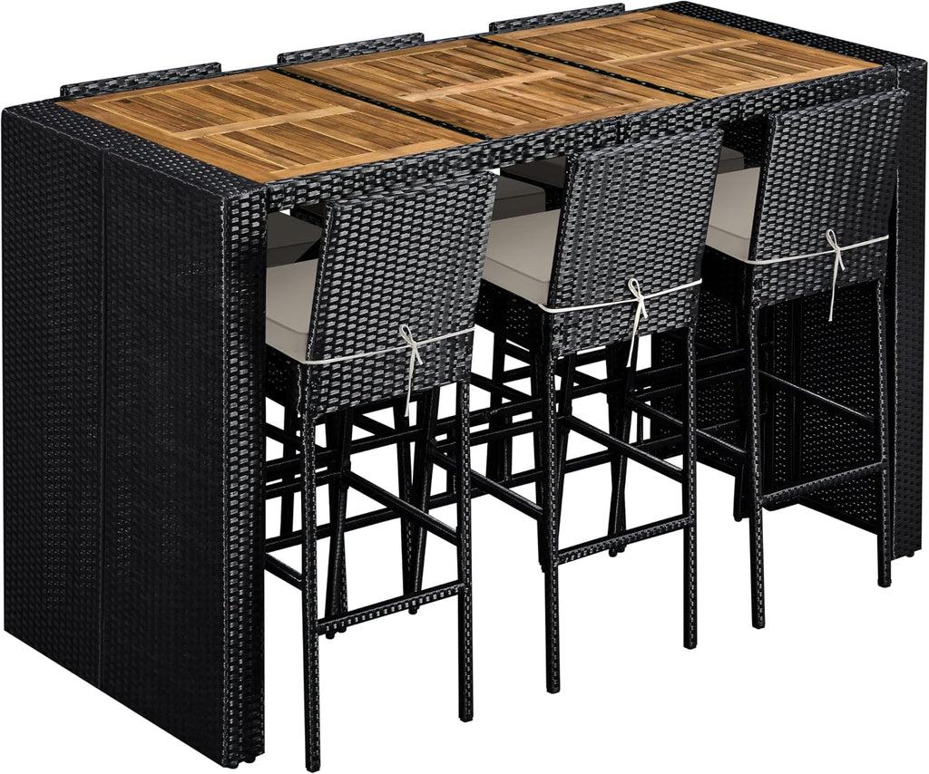 Topeakmart Outdoor Wicker Bar Table and Chairs Set, 6 Removable Cushions