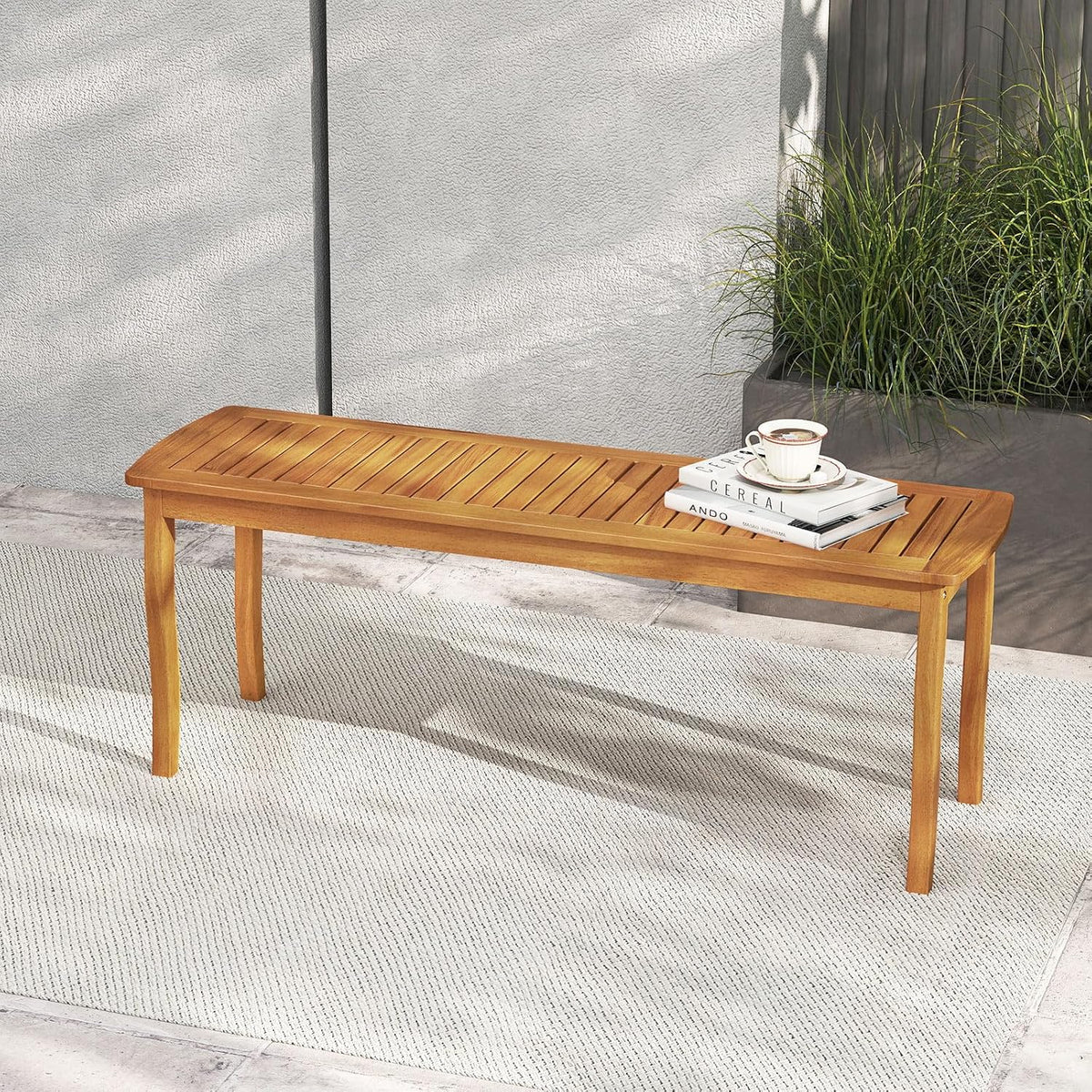 Tangkula Acacia Wood Outdoor Bench, 47" 2-Person Patio Dining Bench with Slatted Seat, Backless Wooden Entryway Bench, Farmhouse Indoor Outdoor Bench for Garden, Poolside, Deck & Park (1,Natural)