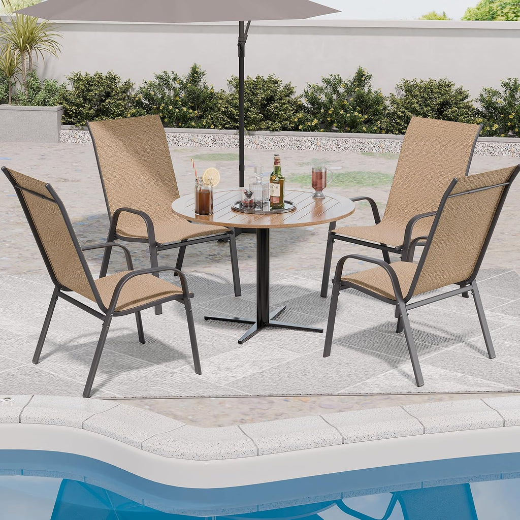 Patio Chairs Set of 4, Outdoor Dining Chairs Stackable for All Weather, Breathable Metal Modern Outside Furniture Chair for Pool Side, Garden, Backyard Deck, Brown