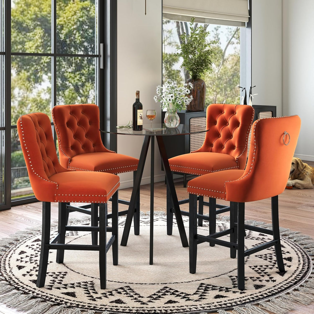 Round Bar Table, 37.4" High Pub Table, 31" Small Cocktail Table with Metal Base & Glass Top, for Small Spaces, Bistro Pub, Cafe(Black)
