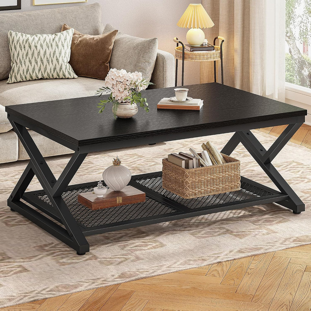 EnHomee Coffee Table with Storage & Shelf for Living Room, Black Oak