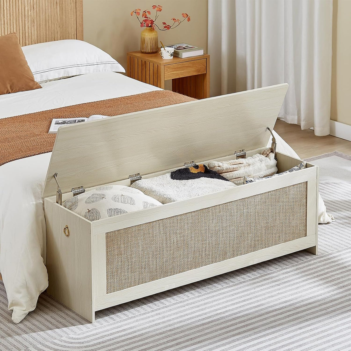 51.2" Storage Chest Large,Wooden Rattan Storage Bench.(White Cream)