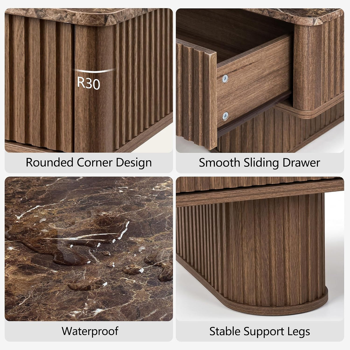 win2win Rectangle Coffee Table with Storage, Faux Marble Top, Walnut