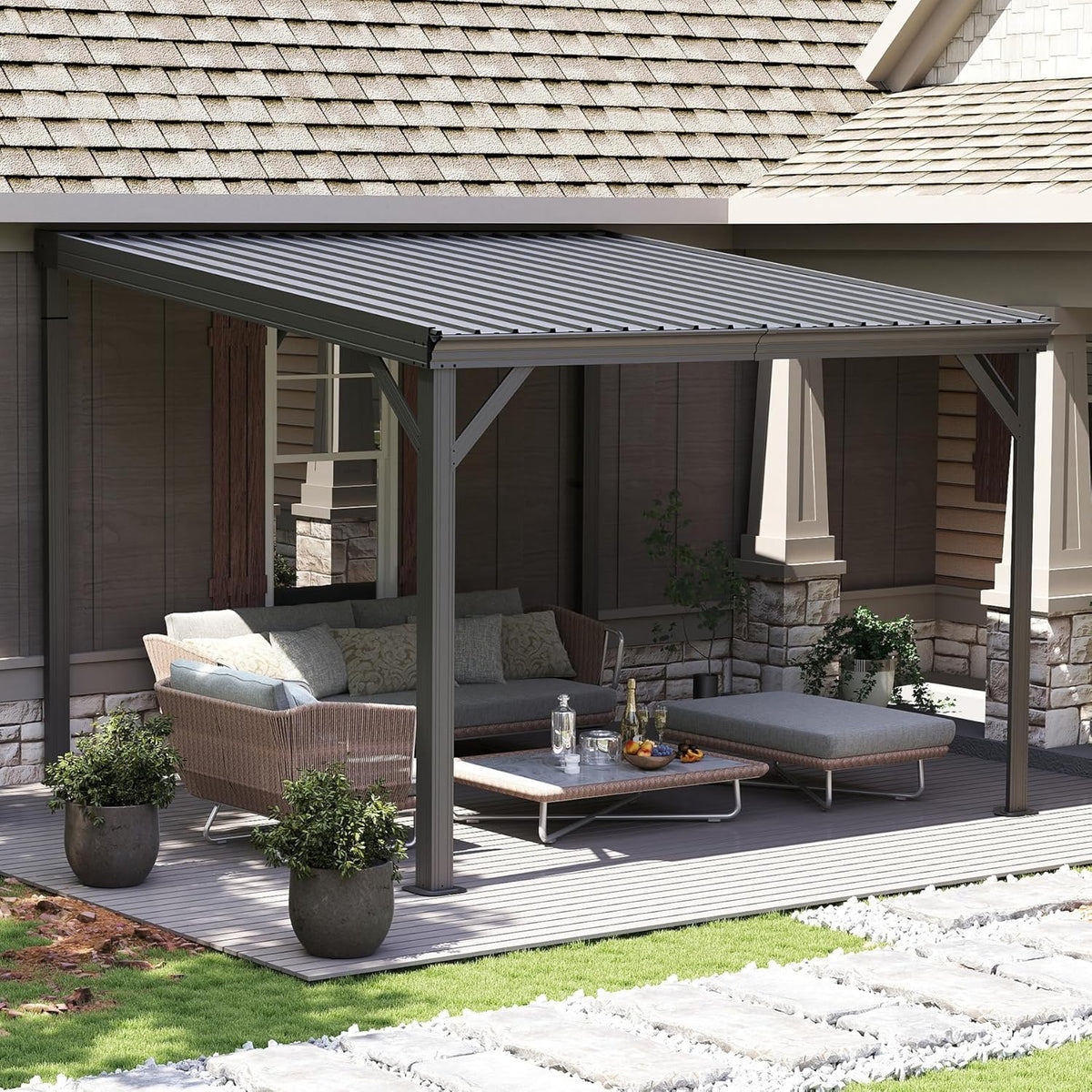 Domi 10'x10' Hardtop Lean-to Wall-Mounted Gazebo Pergola,Grey