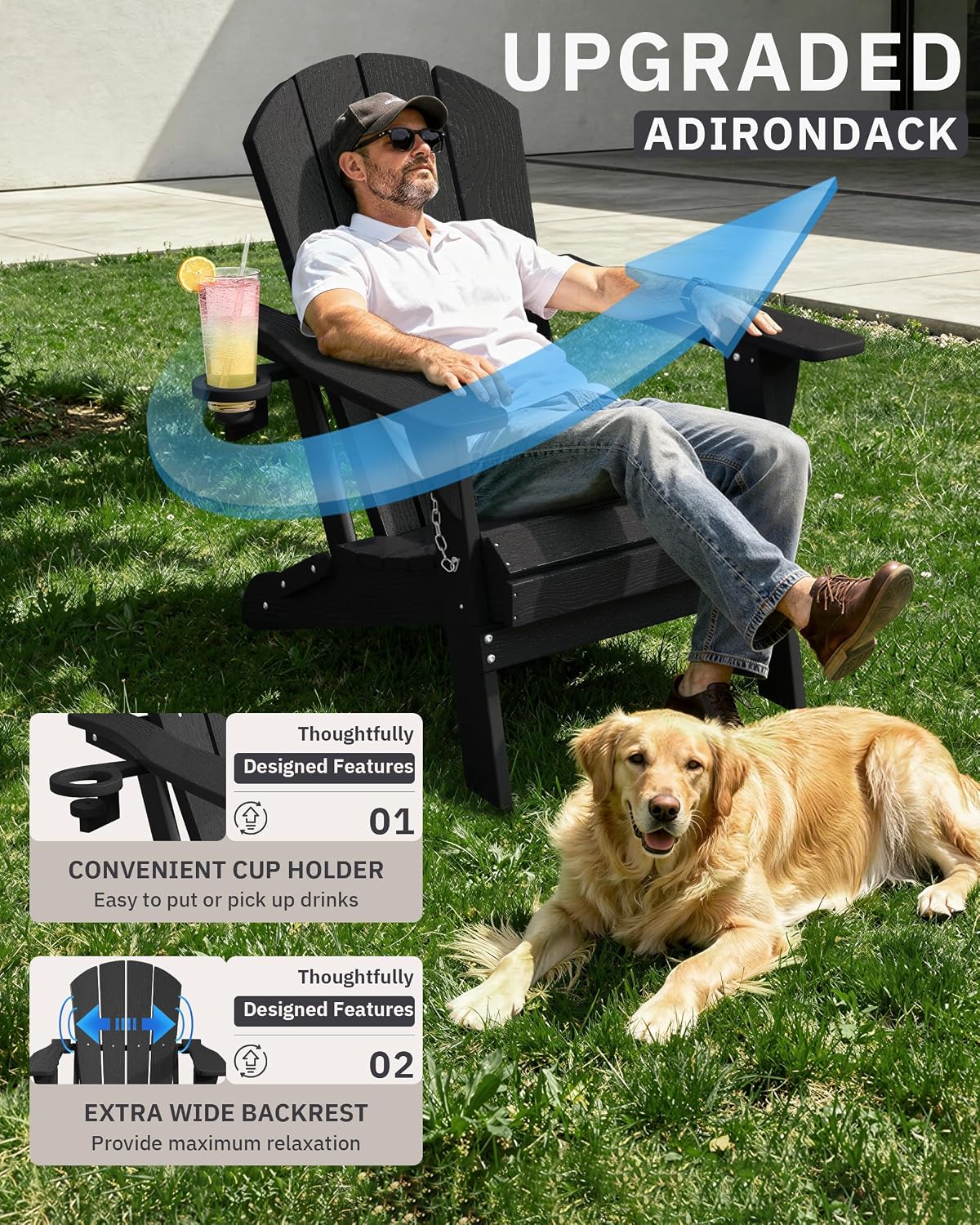 AreShark HDPE Folding Adirondack Chair with Cup Holder, Black