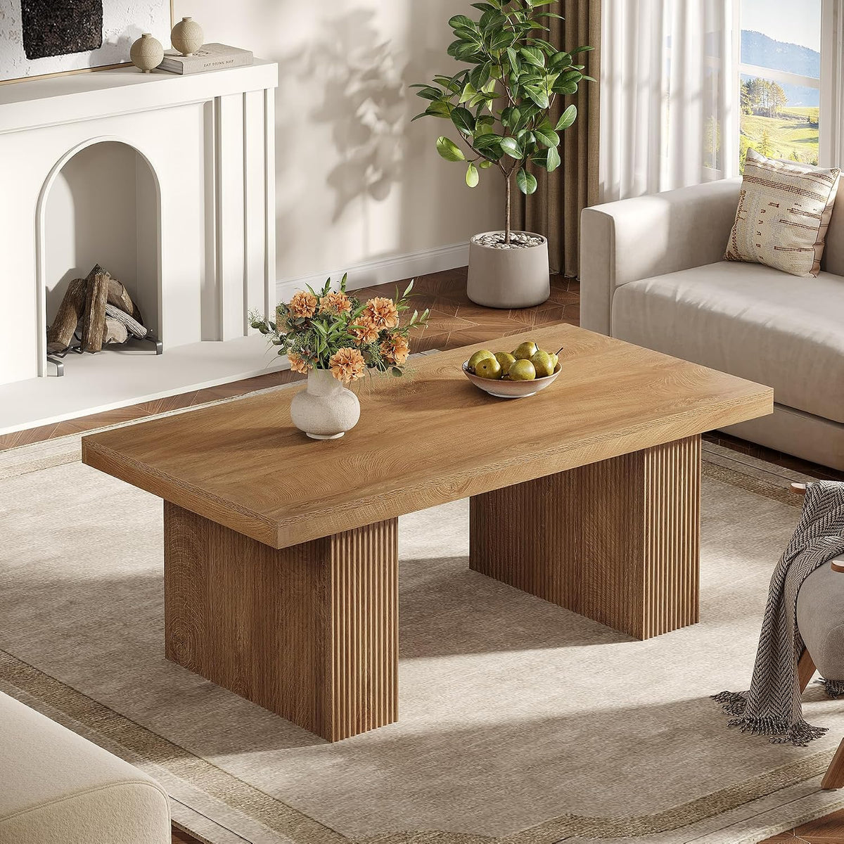 Tribesigns Farmhouse Coffee Table, 47.24 Inch Rectangle Center Table with Large Tabletop & Thick Base, Rustic Wooden Furniture for Living Room, Apartment, Reception Areas, Brown