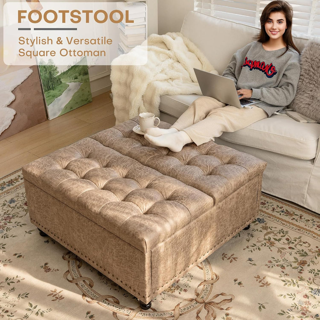 Redlife 35 Inch Large Square Storage Ottoman, Coffee Table Ottoman, Faux