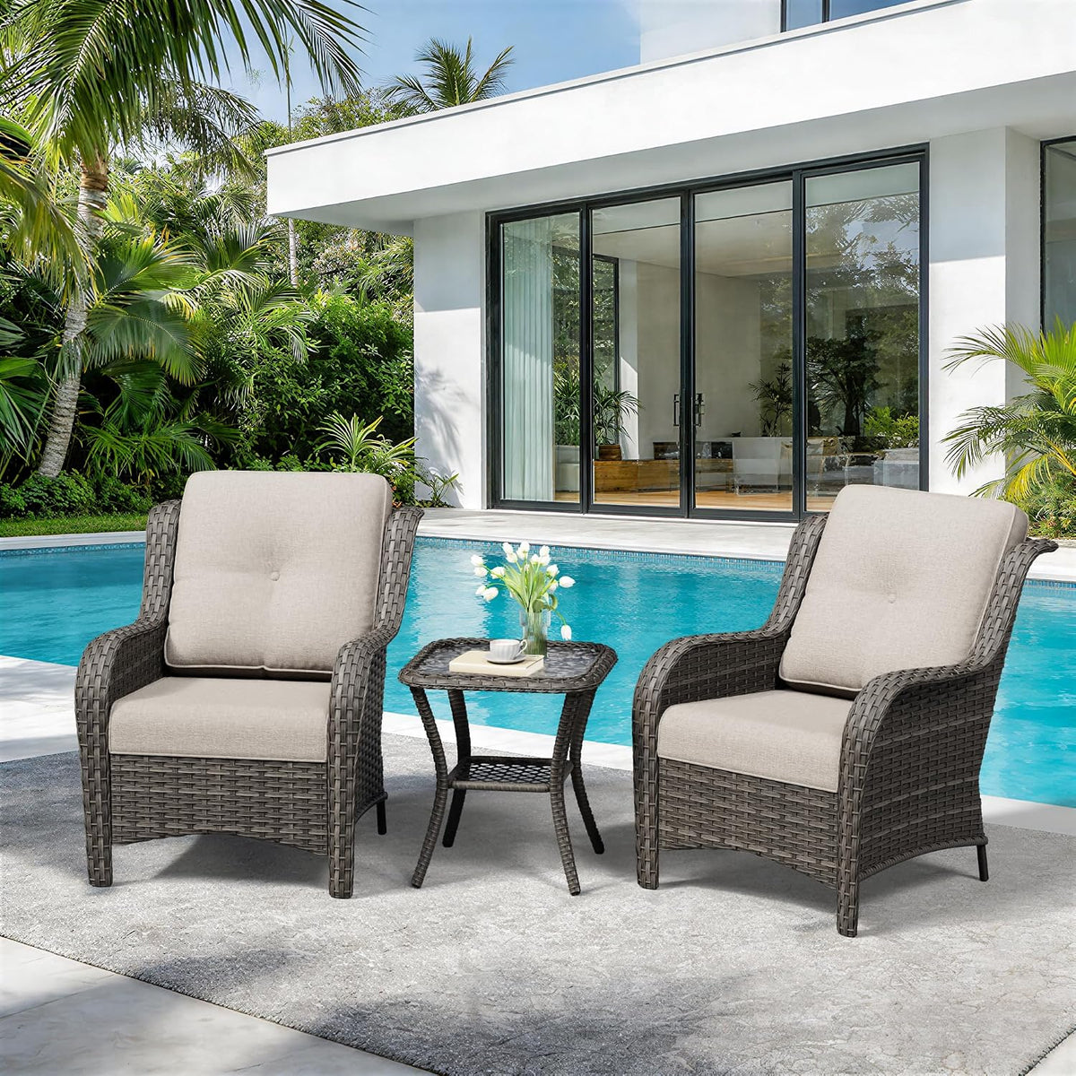 3 Pieces Outdoor Wicker Patio Furniture Set - Patio Chairs Set with Thickened Olefin Cushions, High Back and Deep Seating, Curved Armrest, PE Rattan for Porch, Deck, Balcony,Beige