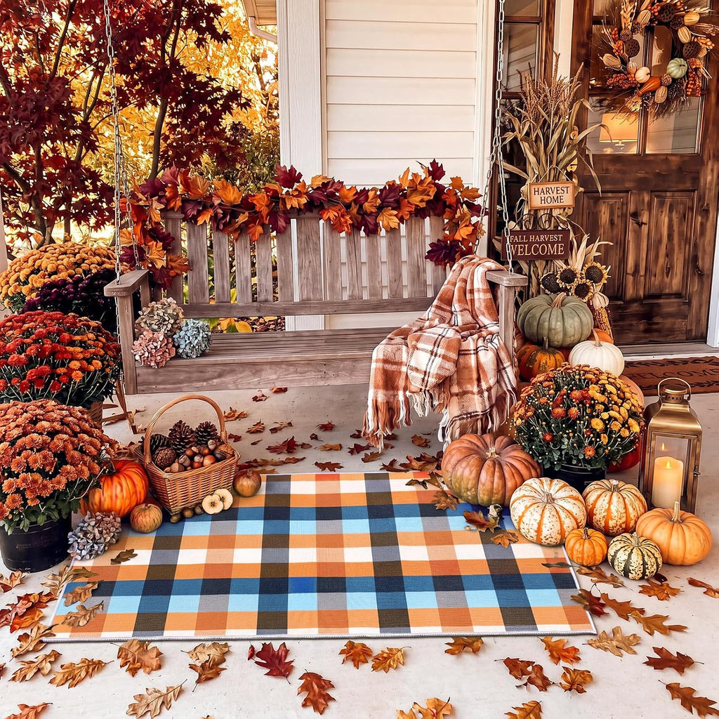 Breling Fall Plaid Door Mat Outdoor Porch Entry, Plaid, Blue and Orange