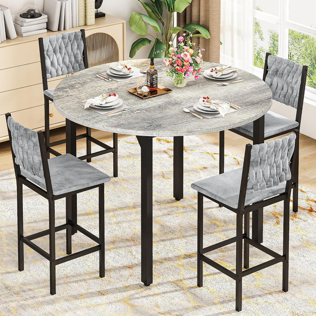 AWQM Round Dining Table Set for 4, Gray Hand-Woven Velvet Bar Stools(Gray)