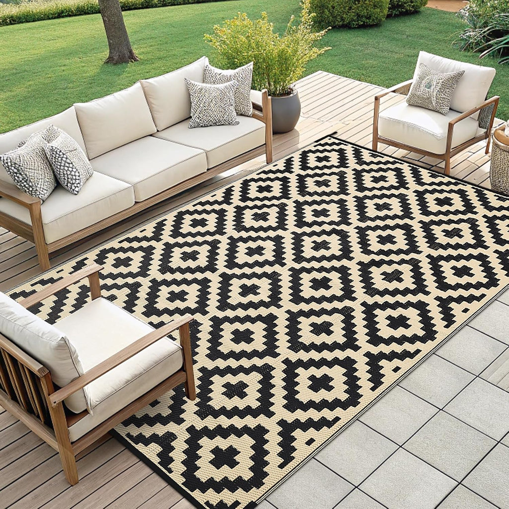 Smiry Outdoor Rug 9x12 ft Waterproof Reversible Boho Mat, Black & Beige