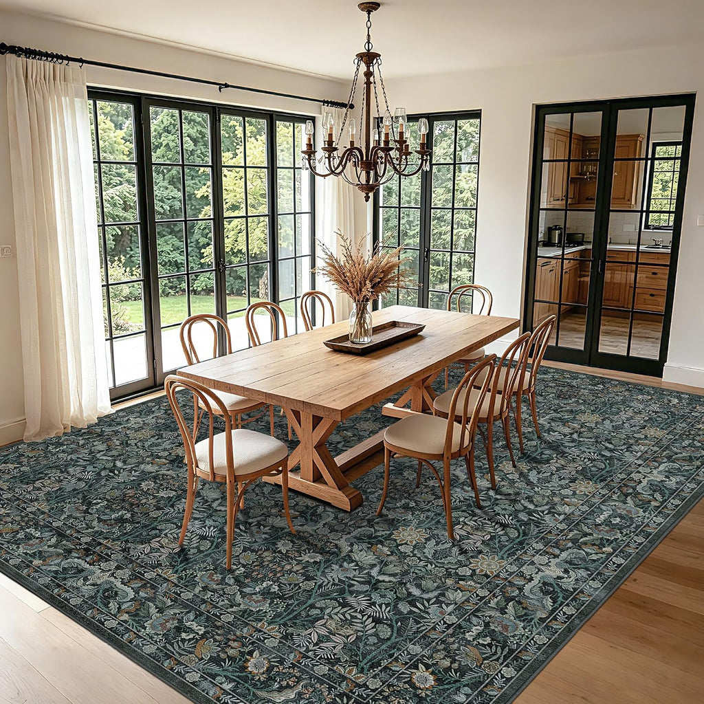 Vintage Botanical Area Rug 9x12: Floral Carpet Non-Slip - Dark Green