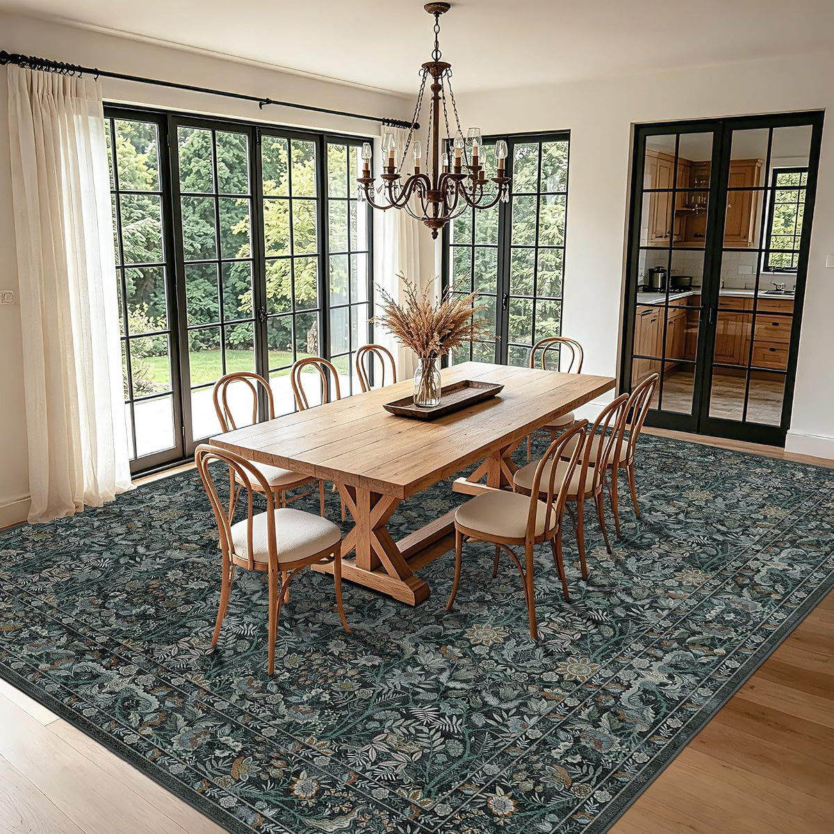 Vintage Botanical Area Rug 9x12: Floral Carpet Non-Slip - Dark Green